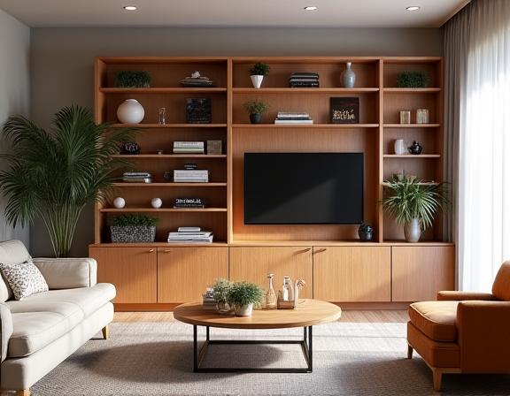 En stue med en plassbygd bokhylle og et sofabord fra Lykke Møbler.